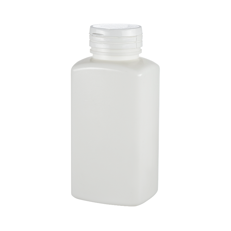 Neliönmuotoinen HDPE-pullo, jossa on repäisykansi